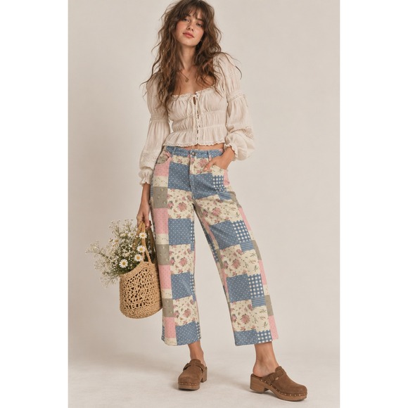 Cider Pants - Cider Patchwork Floral Wide Leg Jeans Women S Pink Blue Boho Cottage Retro